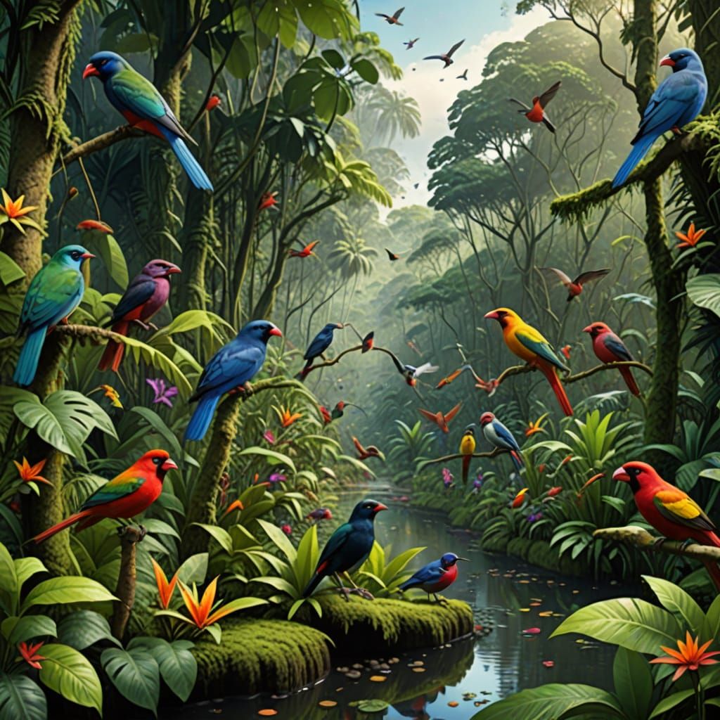 Colorful Birds in Rainforest Bird Sanctuary