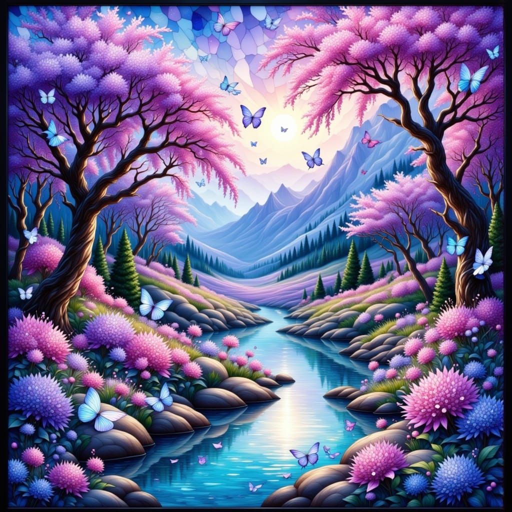 Surreal Stained Glass Landscape with Whimsical Butterflies