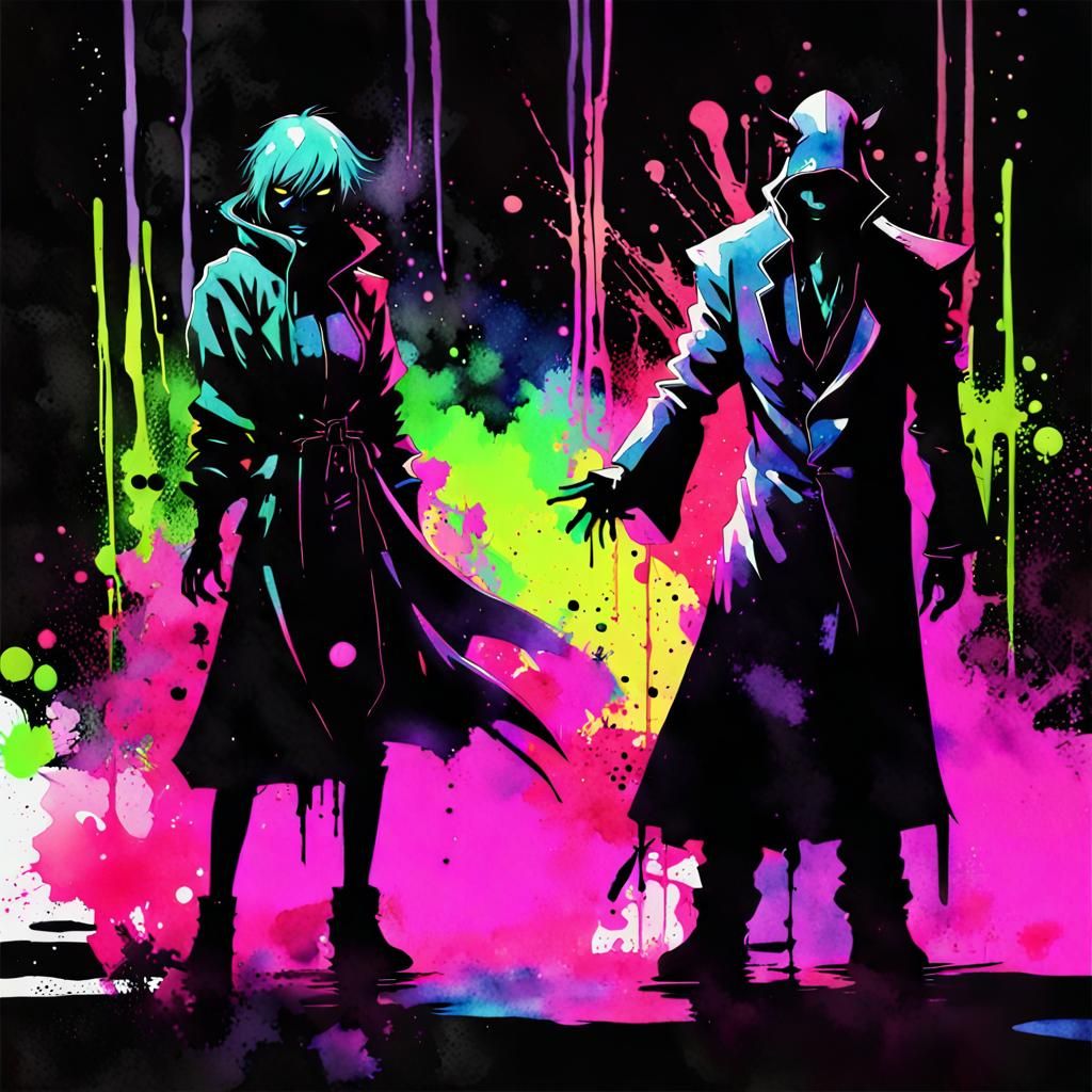 Anime Villain Duo in Dark Neon Watercolour