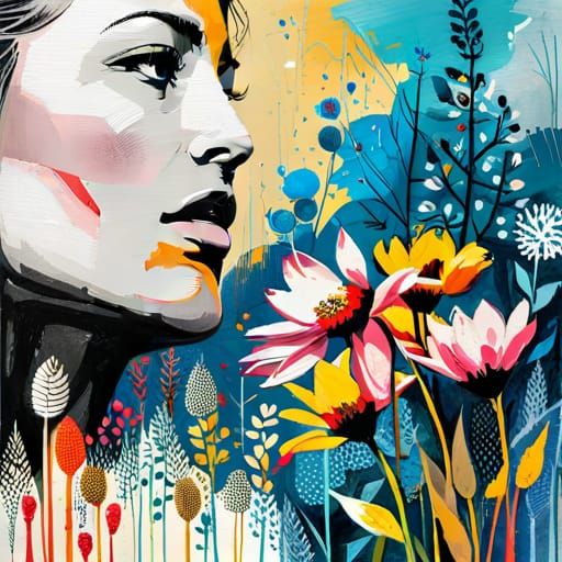 Mixed Media Floral Art with Wheat Paste Elements