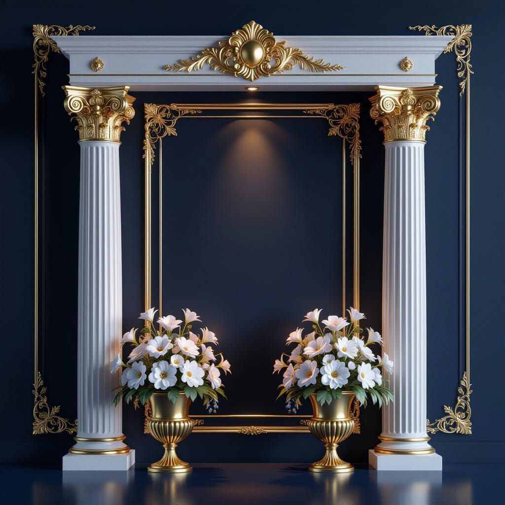 Ornate Golden Frame with Corinthian Columns and Floral Vases