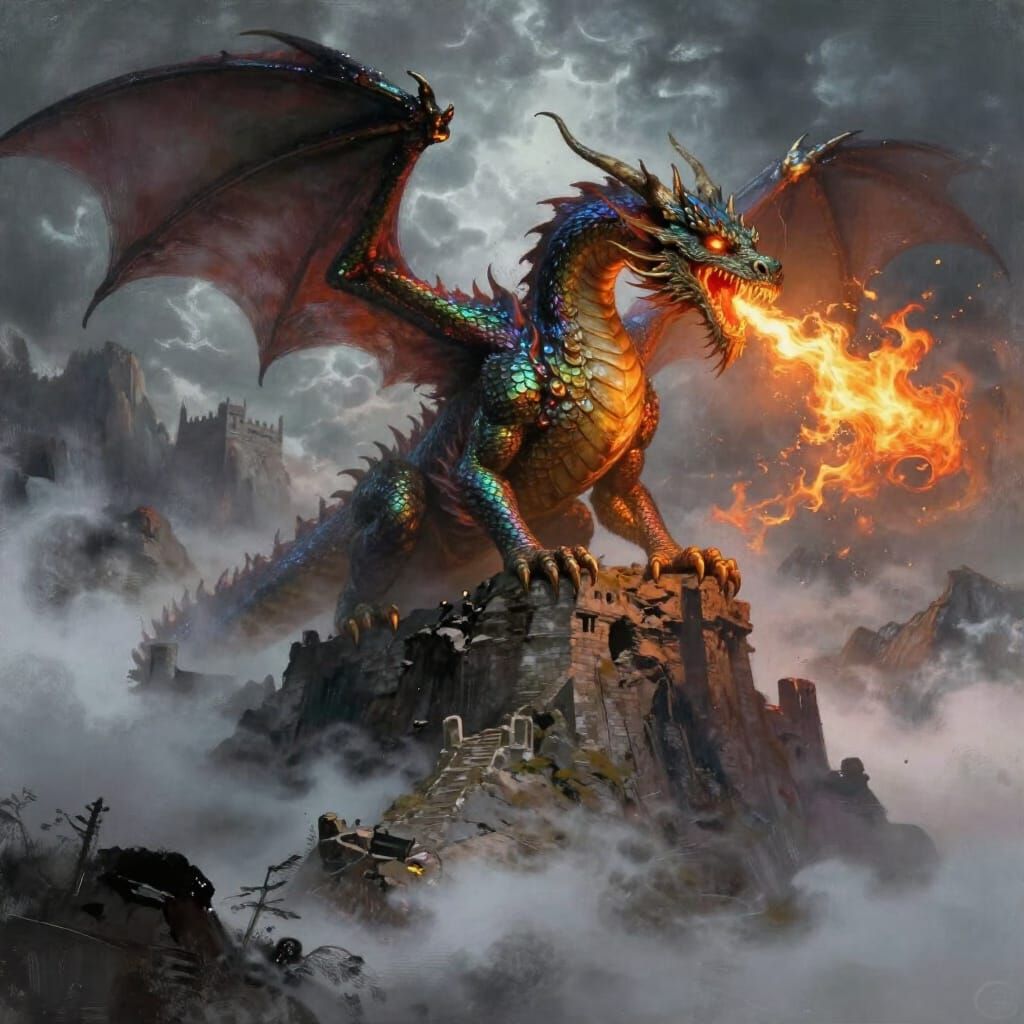 Majestic Dragon Perched on Ruined Castle in Epic Fantasy Sty...