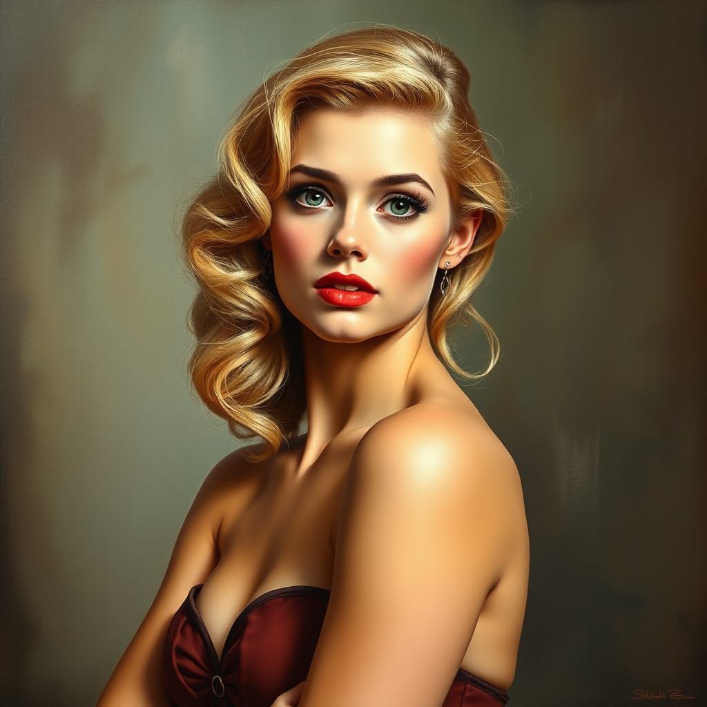 1950s Pin-Up Girl in Tonalist Art Nouveau Style