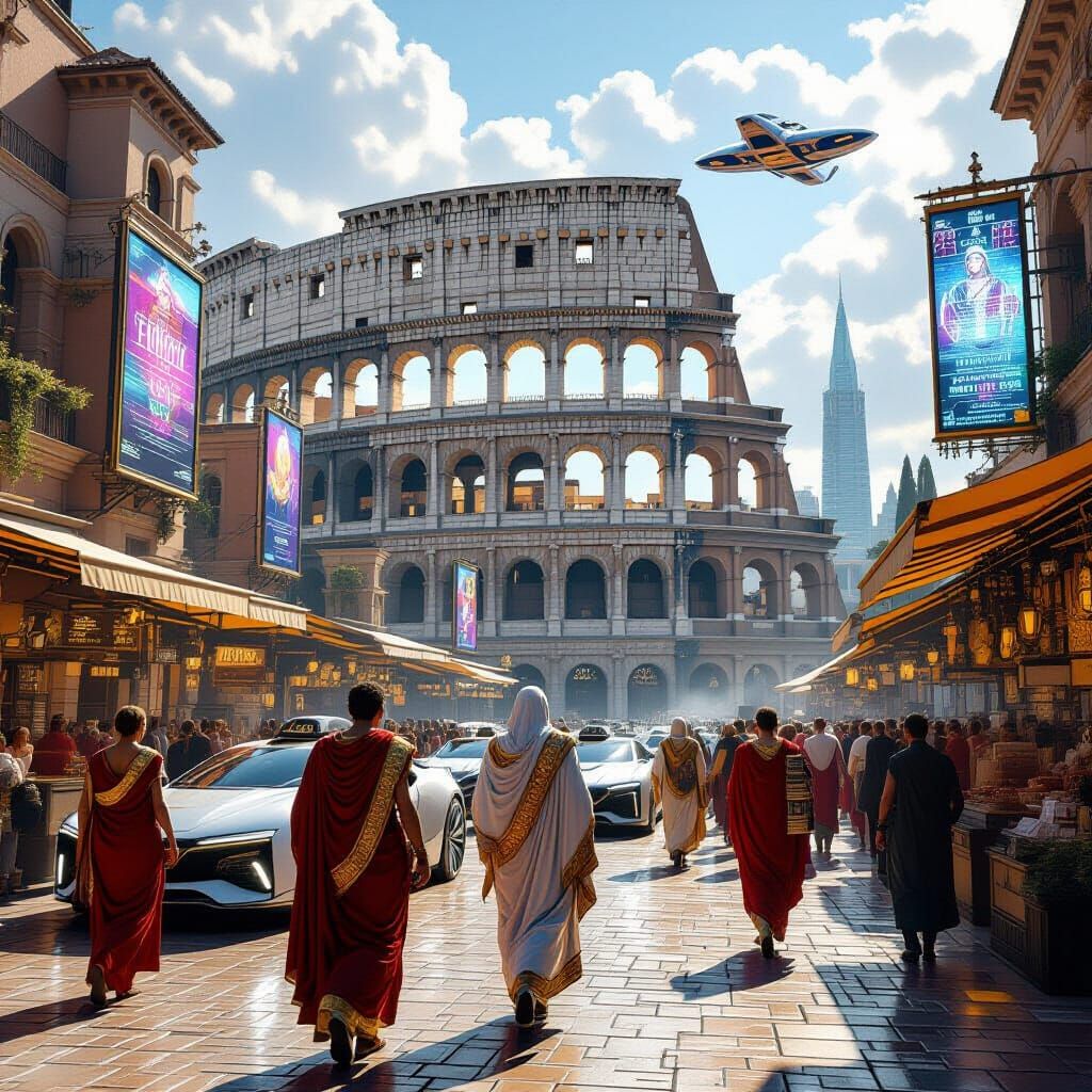 Ancient Rome Marketplace with Flying Cars