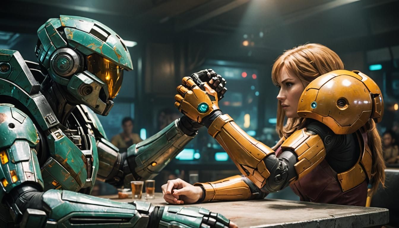 Lara Croft Arm Wrestling Samus Aran: Sci-Fi Film Still
