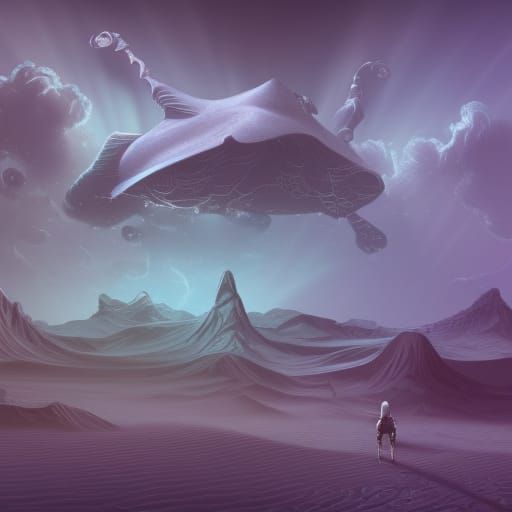 Astral Undersea Desert with Cephalopod in Holographic Illust...