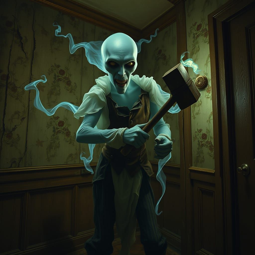 Ethereal Poltergeist in 19th-Century Attire, Banging on Vict...