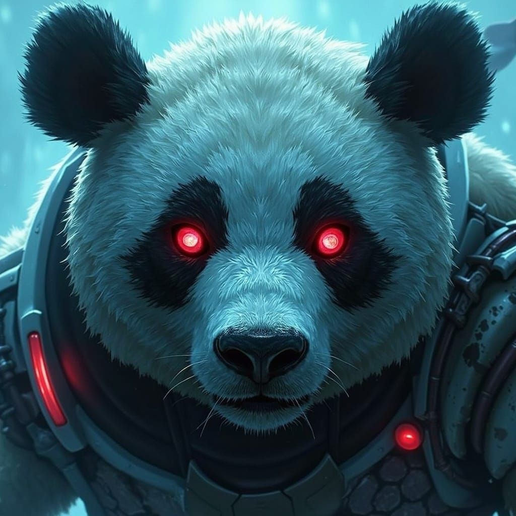 Cyberpunk Panda Bear Close-Up with Red Eyes