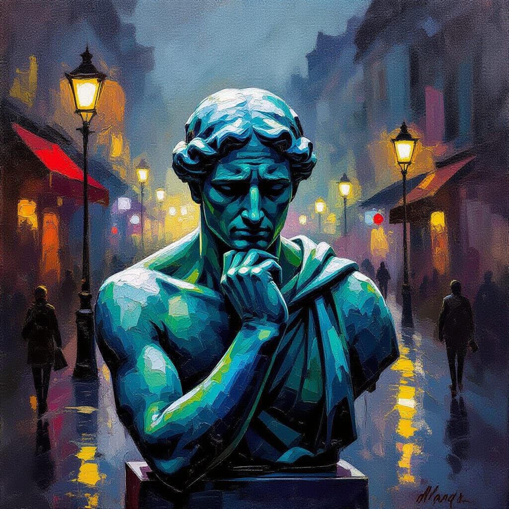 Anxious Statue in Moody Streetlight Glow