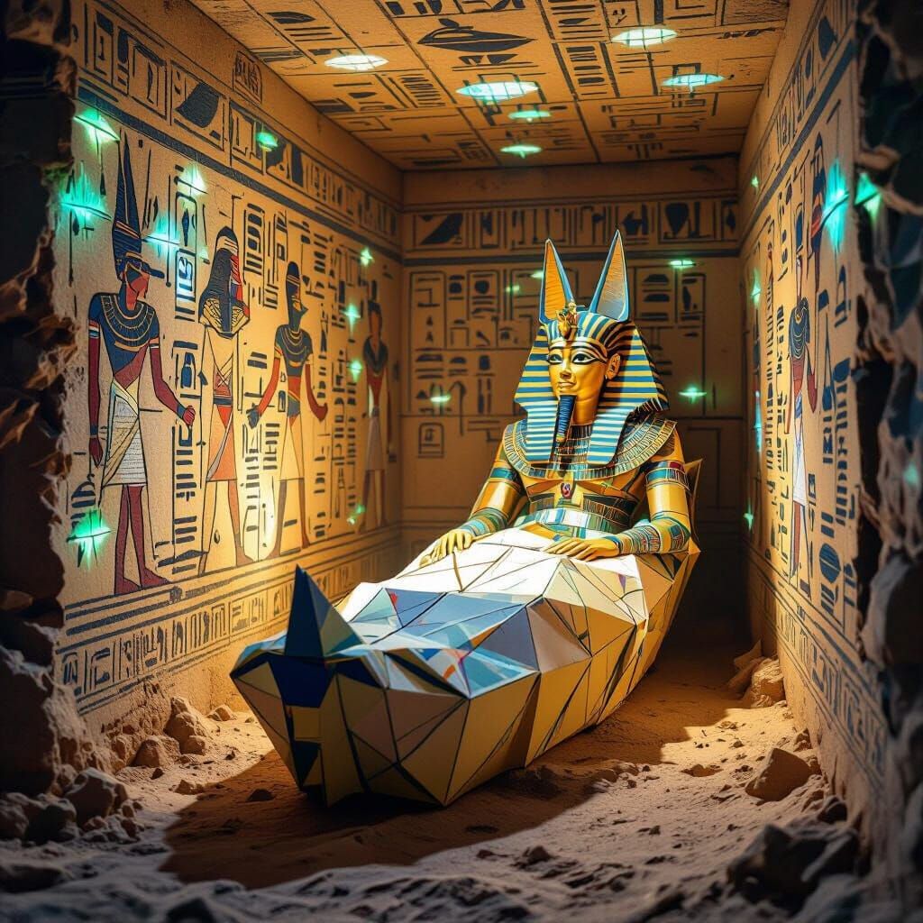 Origami God Unveiled in Bioluminescent Pyramid Chamber