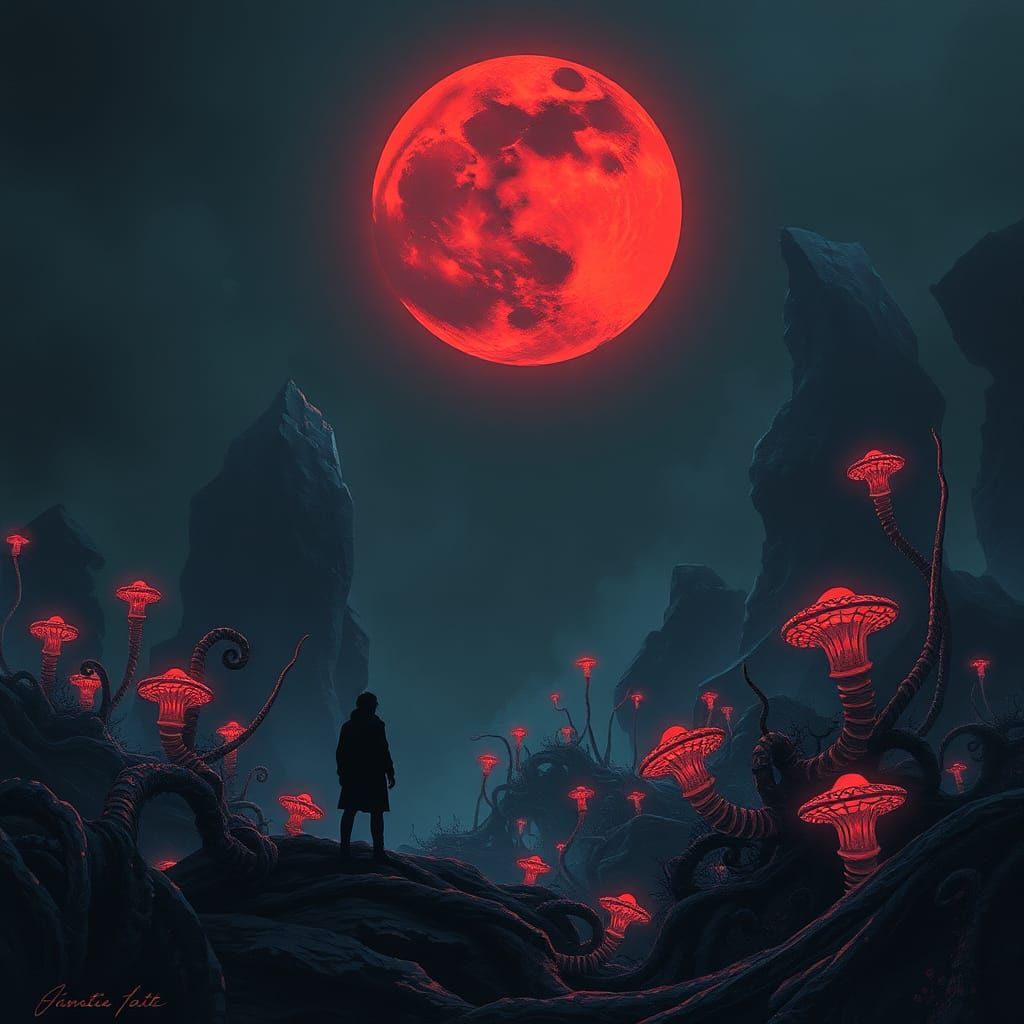 Eerie Alien Garden Under Crimson Moon