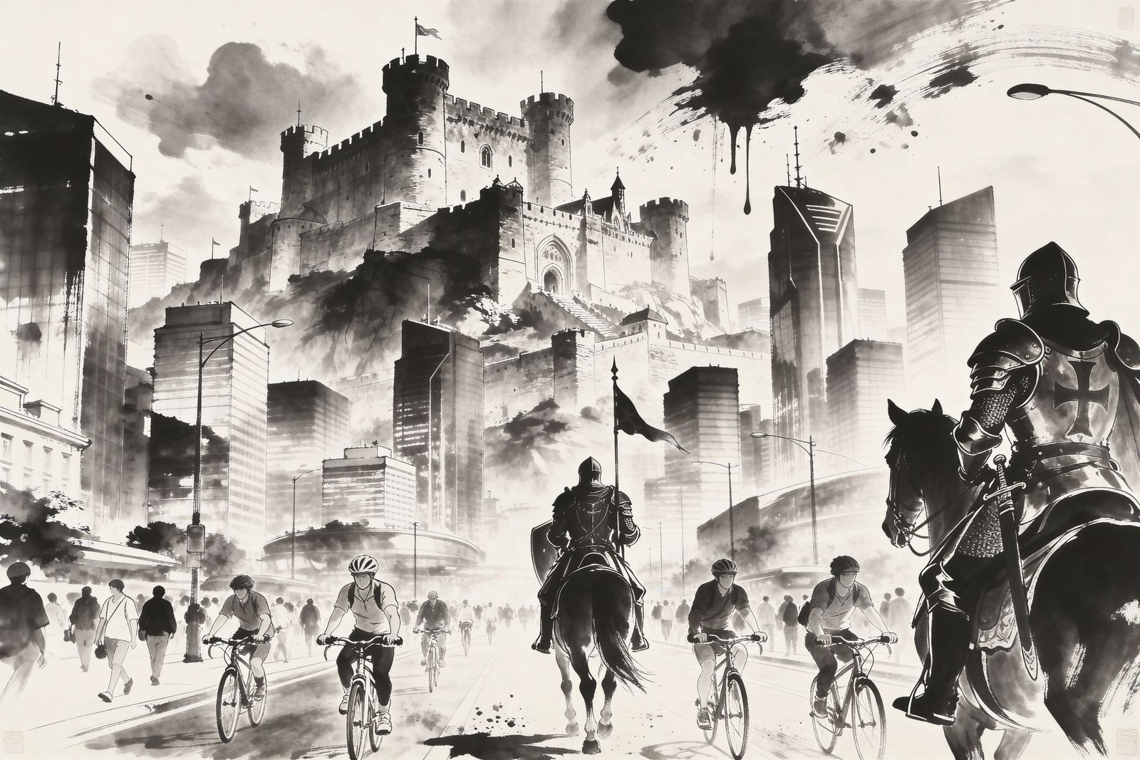 Mystical Castle Silhouette in Ink Wash Style