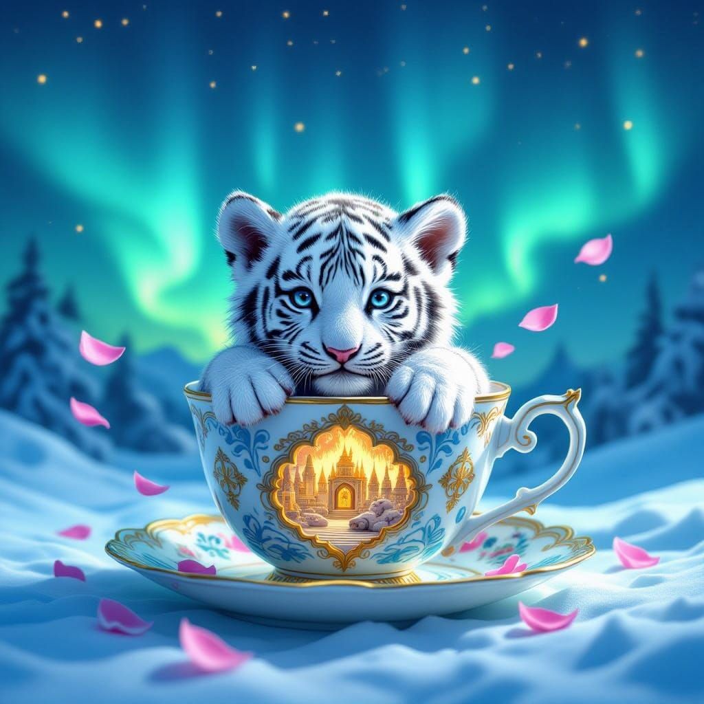 White Tiger Cub in Teacup Kingdom Under Northern Lights