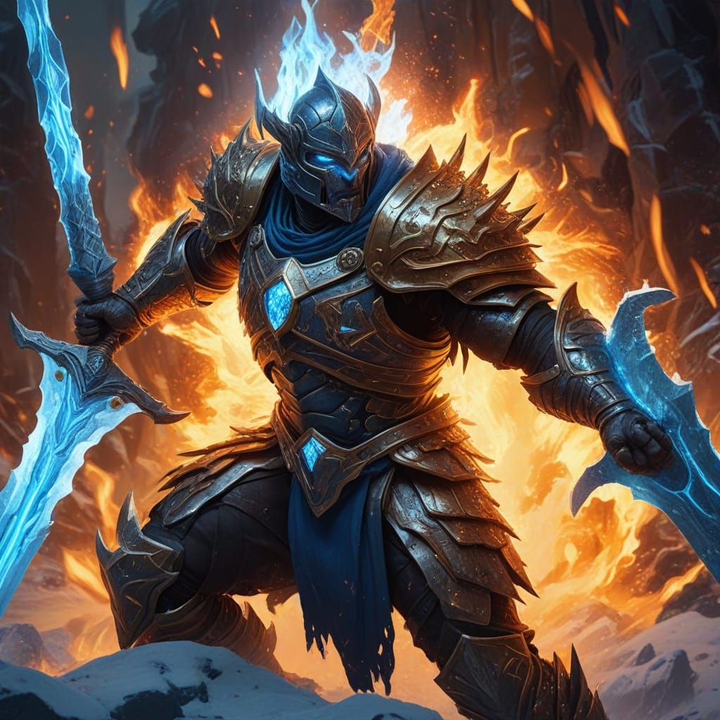 Ice Warrior Battling Fire Titan in Fantasy Art
