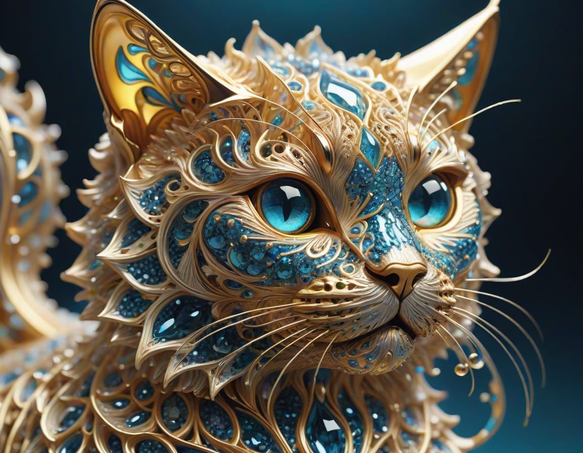 Golden Cat Statue in Super Ferrofluids with Ornate Filigree