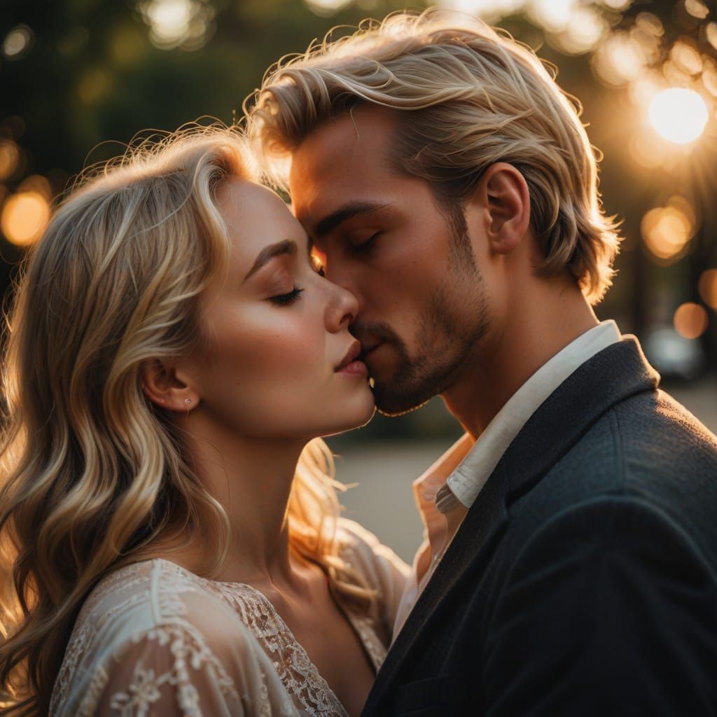 Romantic Portrait of a Blonde Woman Sharing an Intimate Kiss