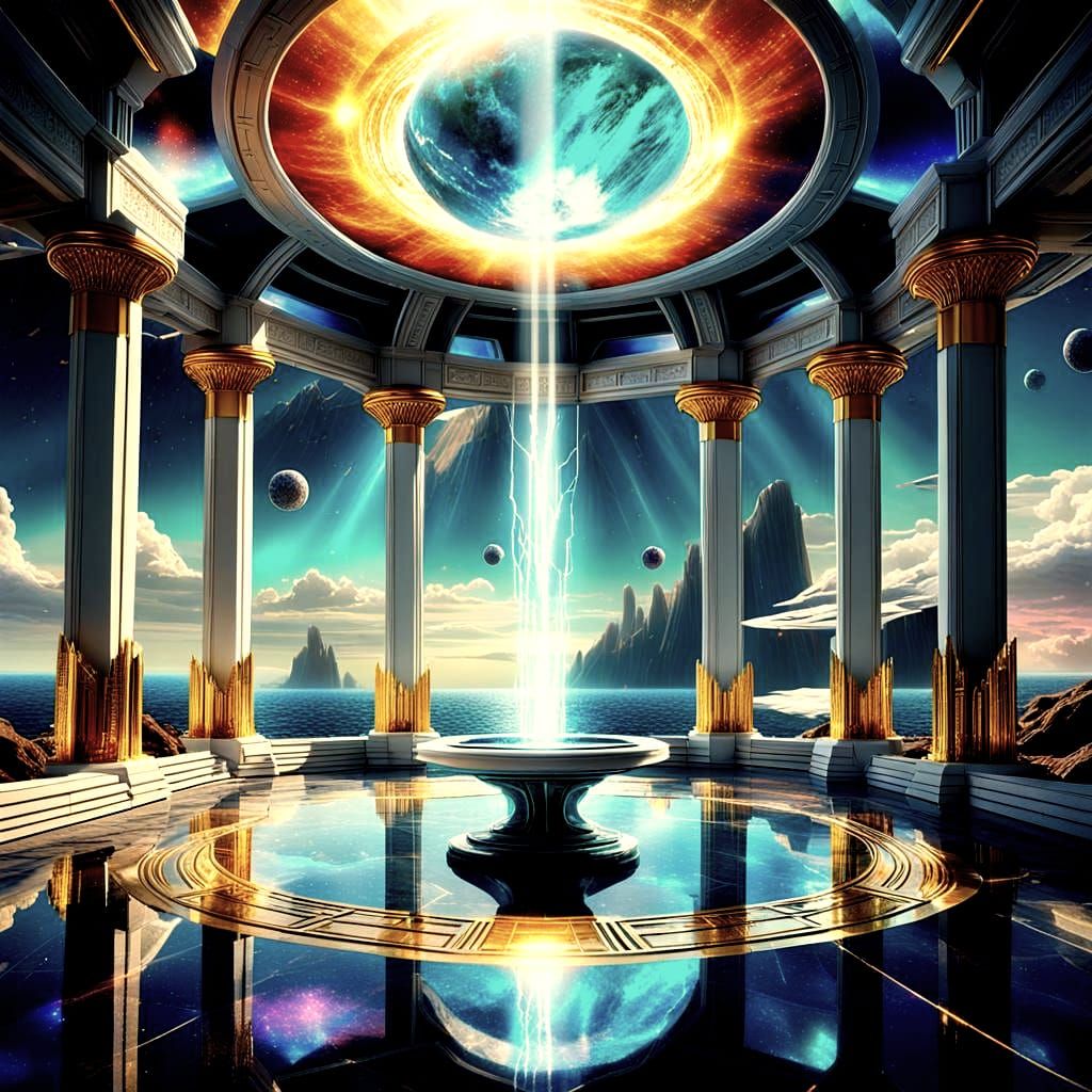 Futuristic Galactic Seascape with Emerald Pyramid