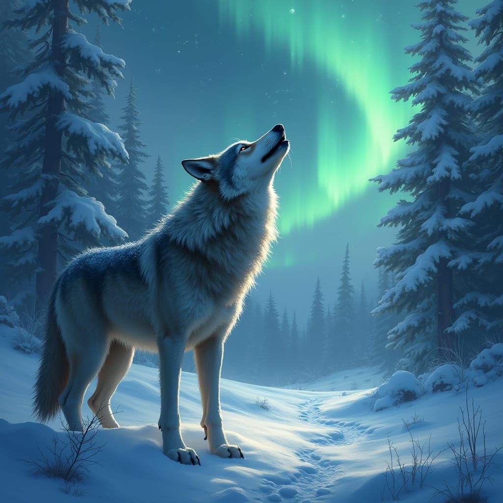 Majestic Frosty Wolf howls at the Northern Lights
