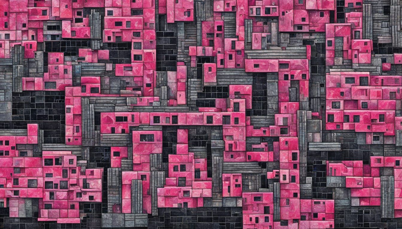Surreal Pink Mosaic Cityscape in Abstract Style