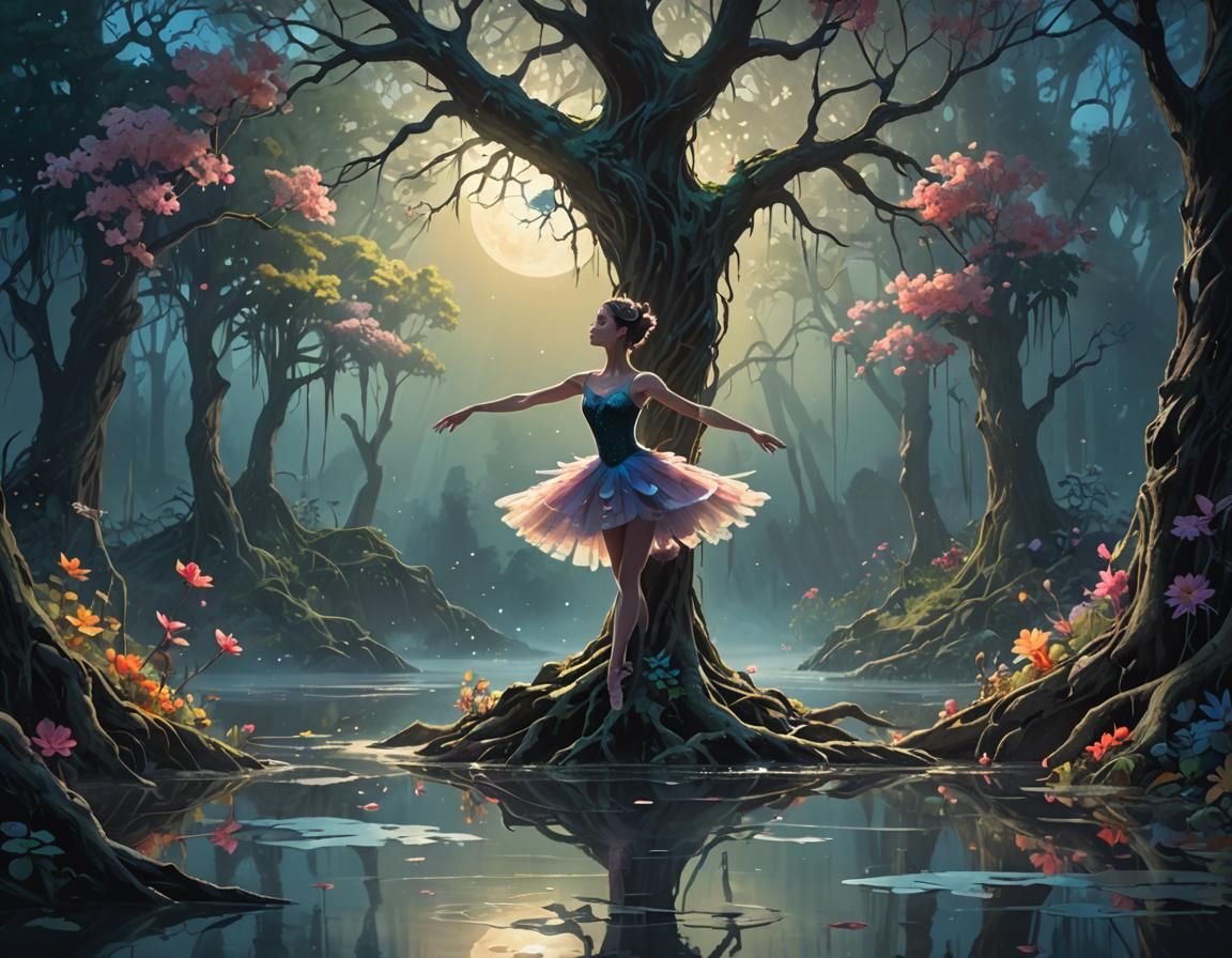 Ethereal Ballerina in Moonlit Landscape, Greg Rutkowski Styl...