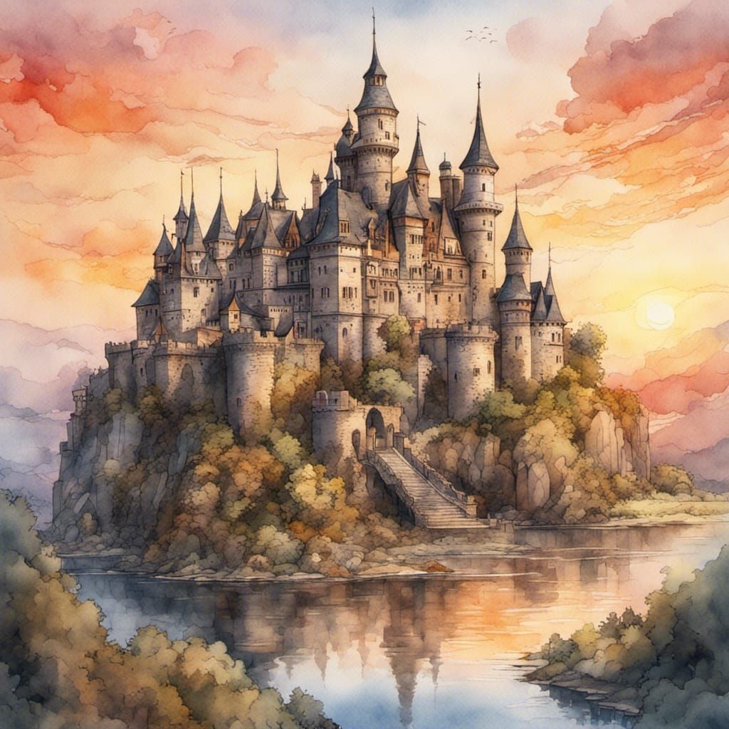 Sunset Castle: Watercolor and Ink Concept Art