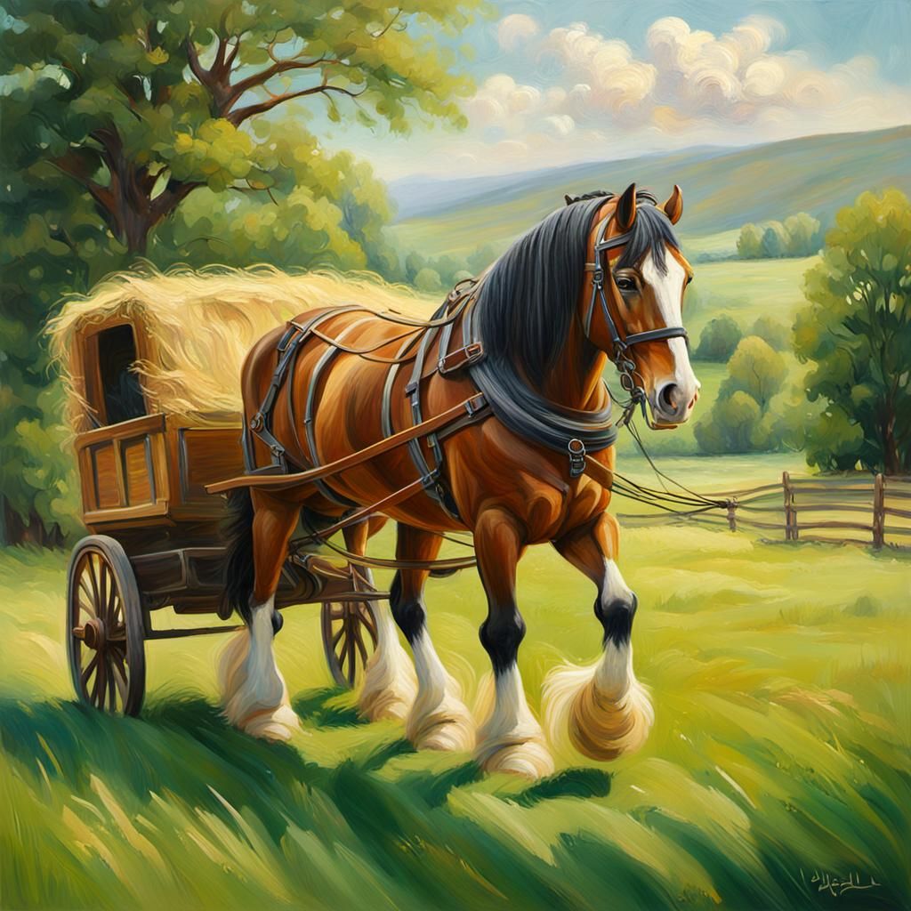 Clydesdale Horse in Meadow as Impressionist Oil Painting