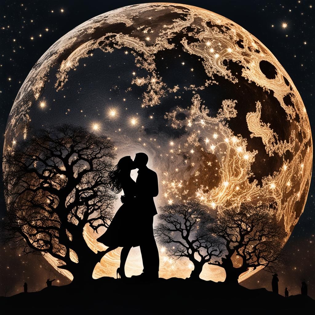 Romantic Kiss Under Golden Moon in Rose Gold