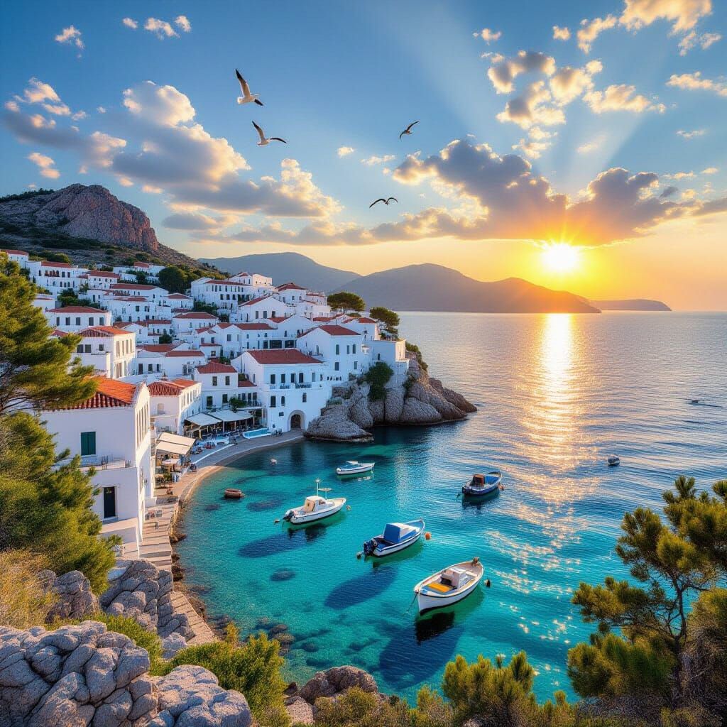 Picturesque Greek Village at Sunset: Photorealistic Clarity