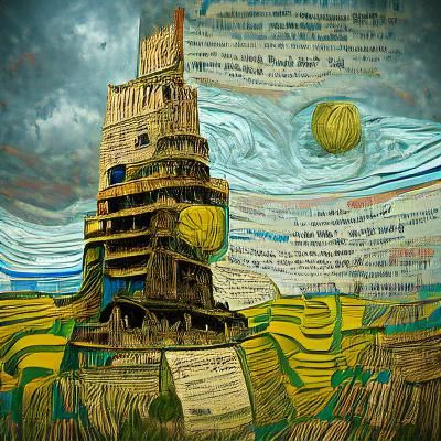 Tower of Babel in Post-Impressionist Sci-Fi Style