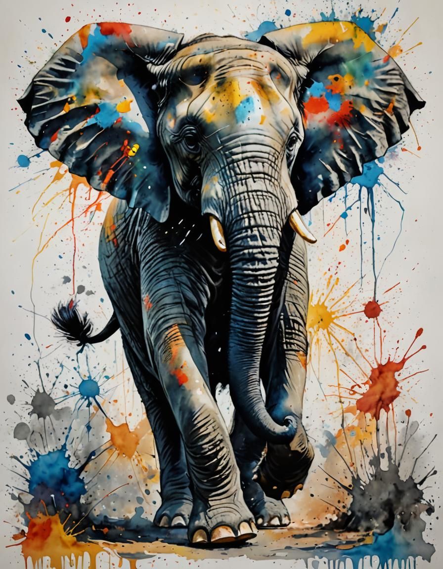 Fierce Elephant Charges in Dynamic Watercolour Style