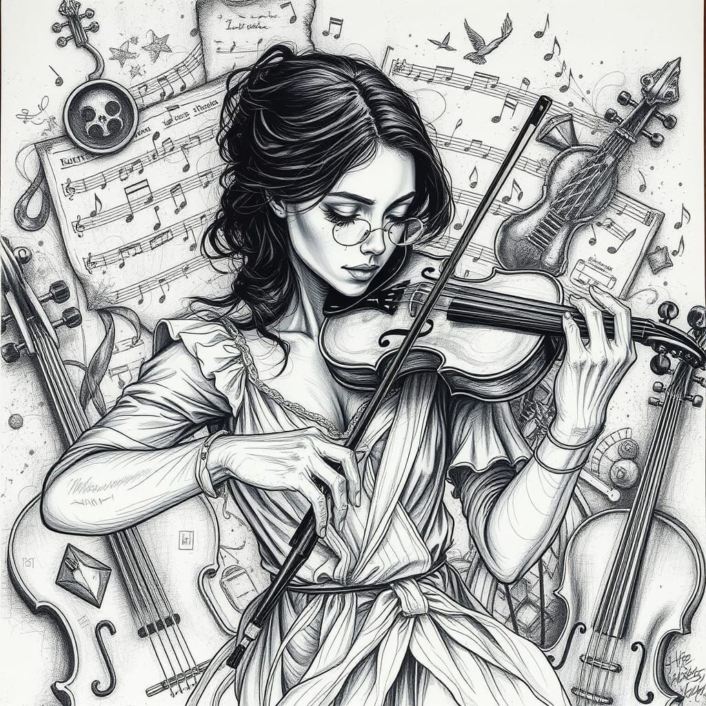 Detailed Charcoal Drawing of Violinist with Musical Elements