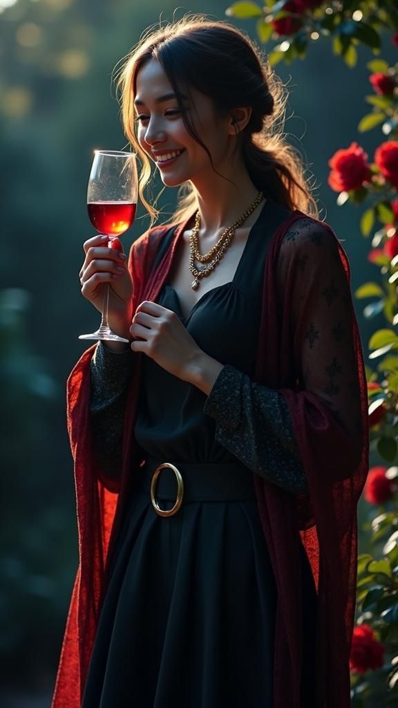 Elegant Woman with Wine in Art Nouveau Style