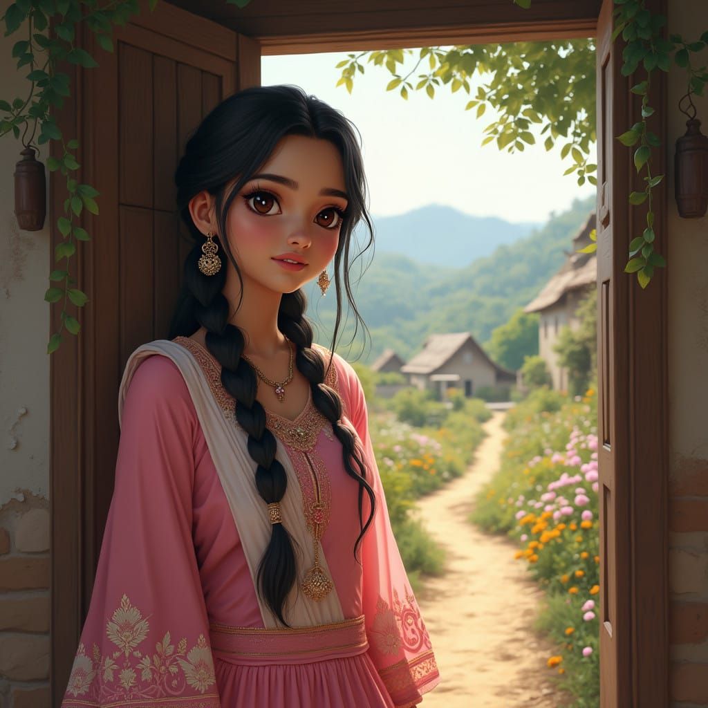 Mysterious Village Maiden in Folkwear, Amidst a Dark Forest