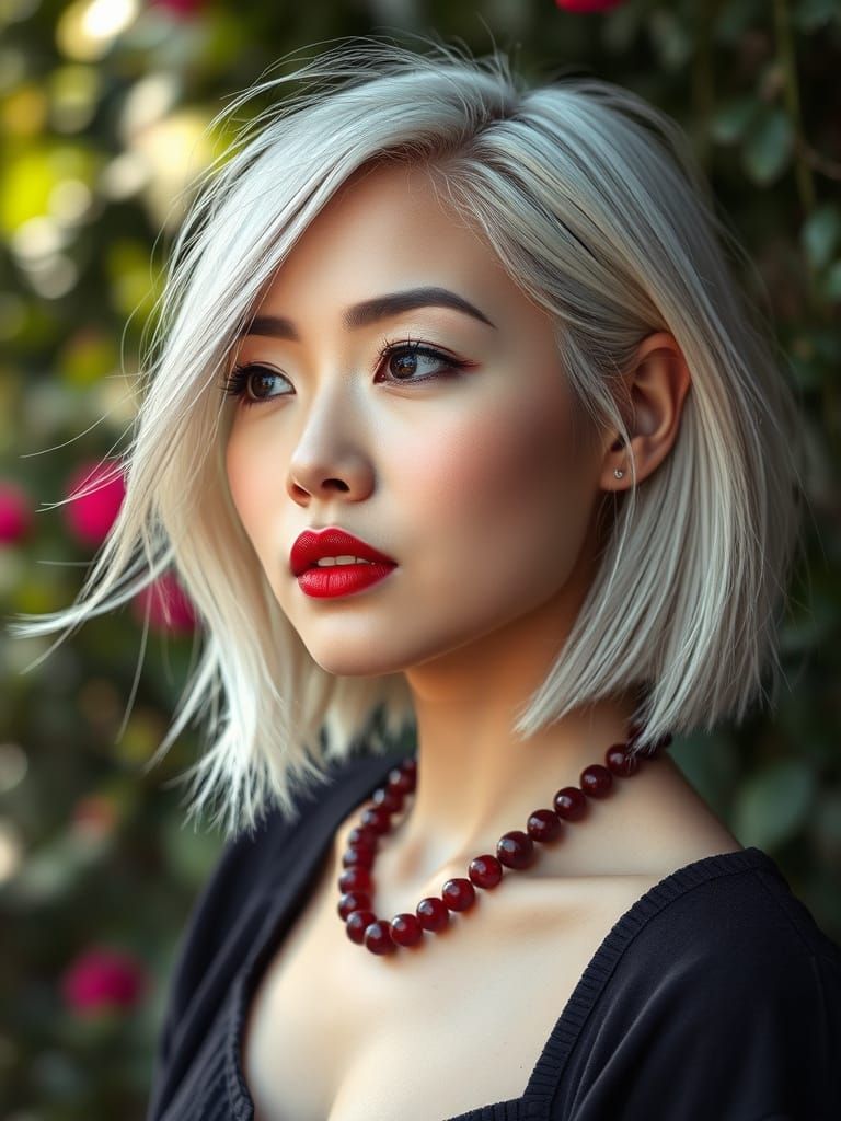 Blonde Asian Woman in Garden with Bokeh