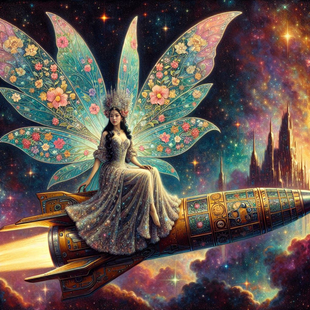 Fairy Queen Guides Rocket Through Nebula in Art Nouveau