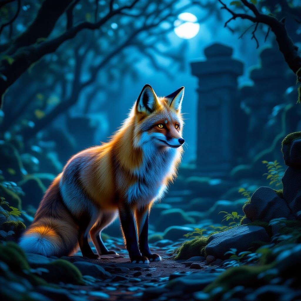 Bioluminescent Fox In Moonlit Forest Ruins