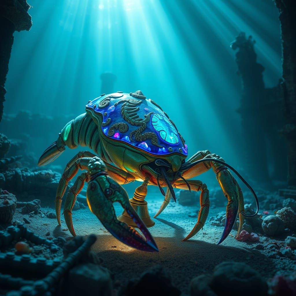 Bioluminescent Lobster Exploring Sunken City Ruins