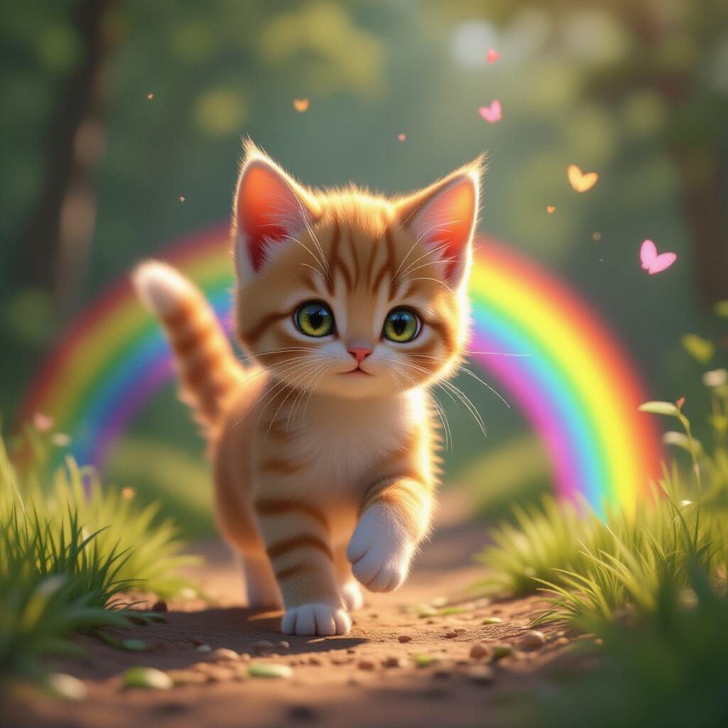 Cute Kitten Flies With Rainbow in 3D Anime Art