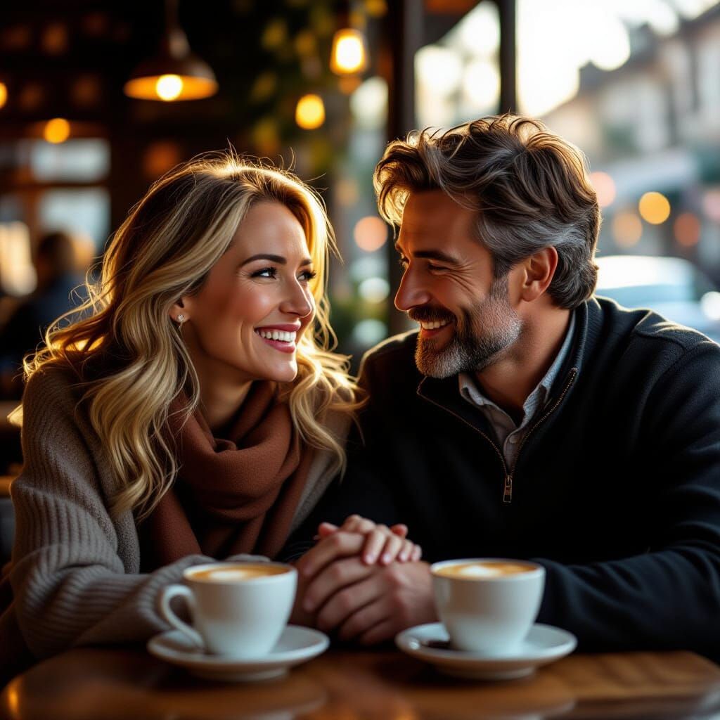 Middle-Aged Couple Shares Intimate Moment in Cozy Cafe