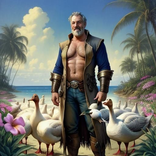 Tropical Beach: Wizard Farmer and Geese Fantasy