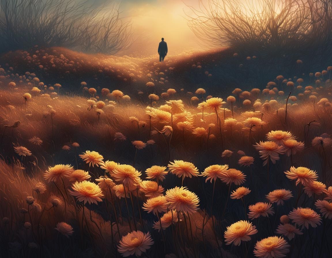 Surreal Chrysanthemums in Withered Grass: Digital Matte Pain...