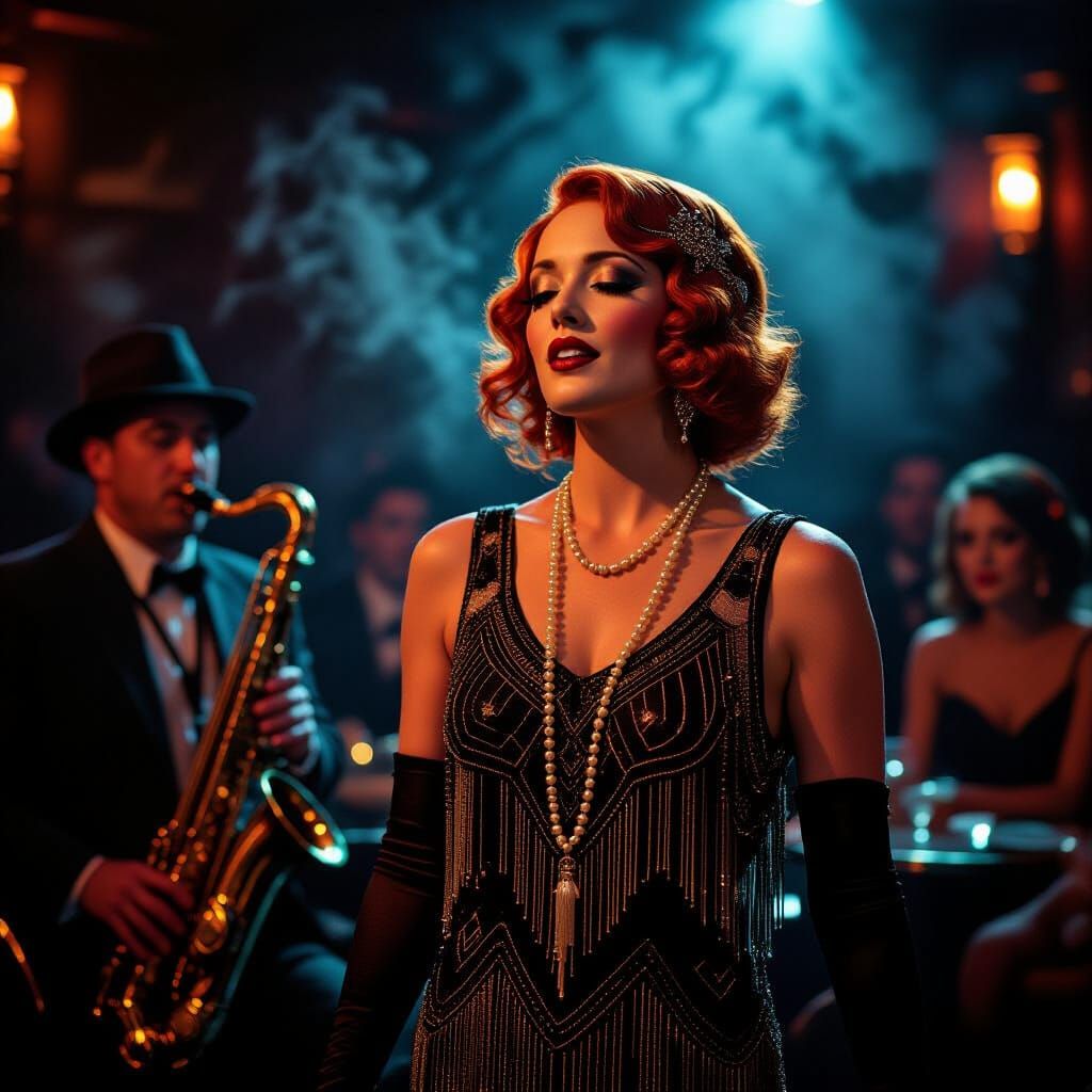 Jazz Singer in Dimly Lit Club, Film Noir Style
