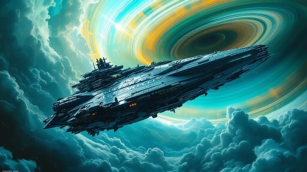 Futuristic Military Spaceship in Orbit Over a Surreal Alien...