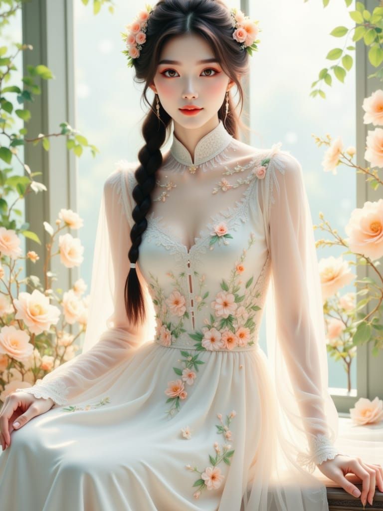 Woman in Qipao with Floral Embroidery in Donghua Style