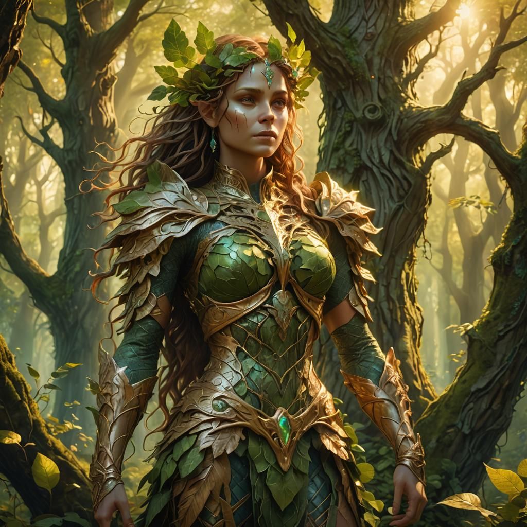 Mystical Green-Skinned Dryad in Forest: Fantasy Illustration