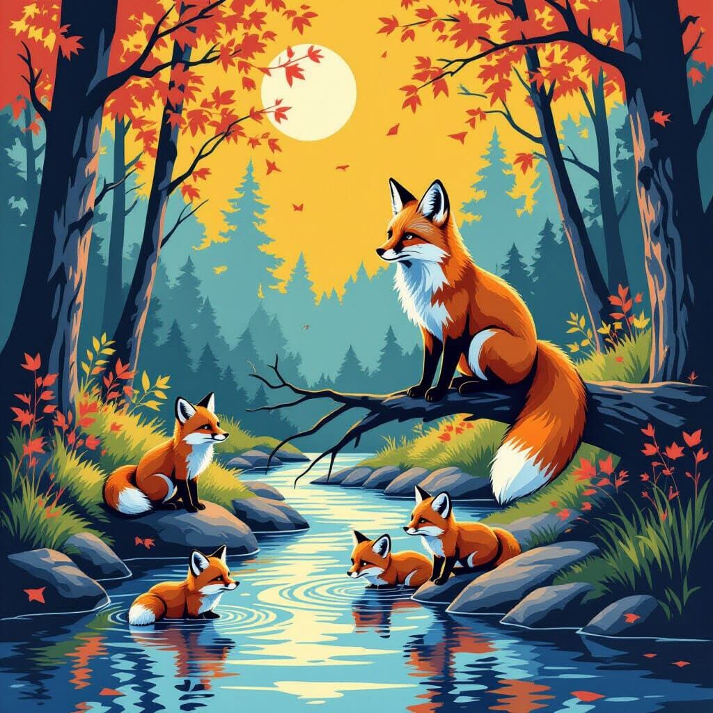 Fox Family by Stream in Geometric Pop Art