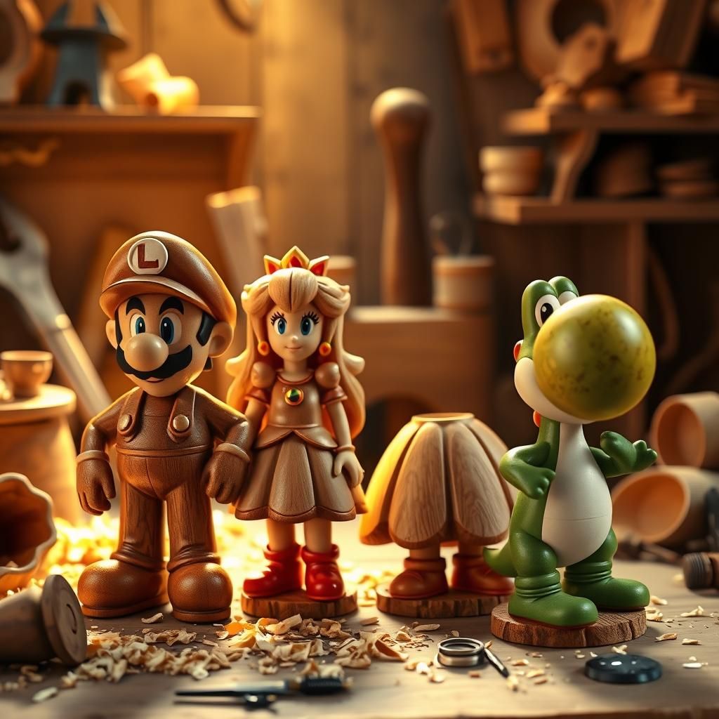 Mario and Friends as Carved Wooden Figurines