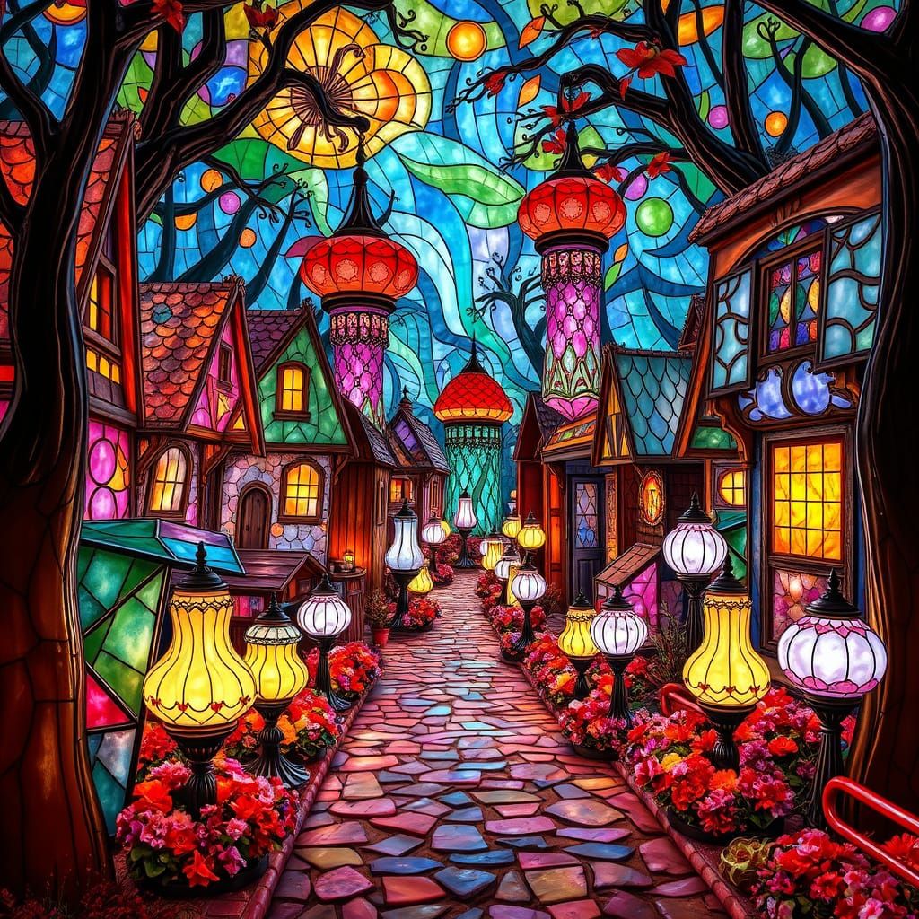 Stained Glass Village Portrait in Hyper-Detailed 8k