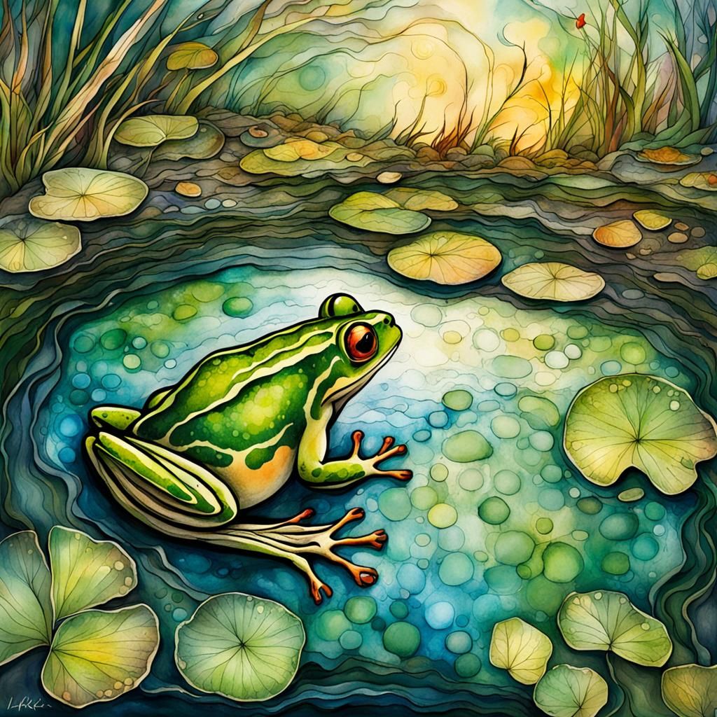 Frog in Pond: Alcohol Ink Illustration