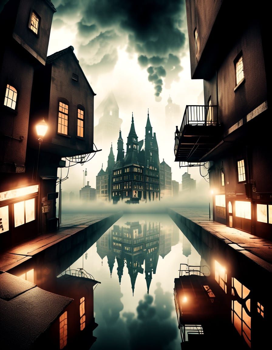 Breathtaking Surreal Upside Down Cityscape with Dramatic Lig...